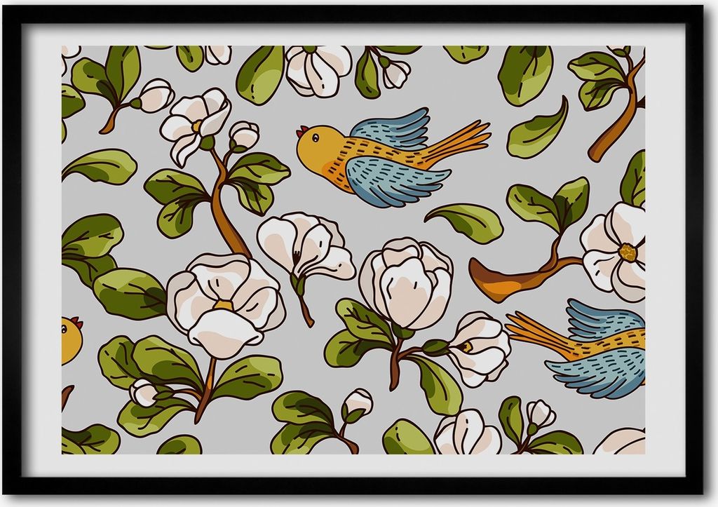 Bild - Bilder - Bilderrahmen - 70 cm x 50 cm - MDF-Rahmen, Wandkunst Blumen und Vögel