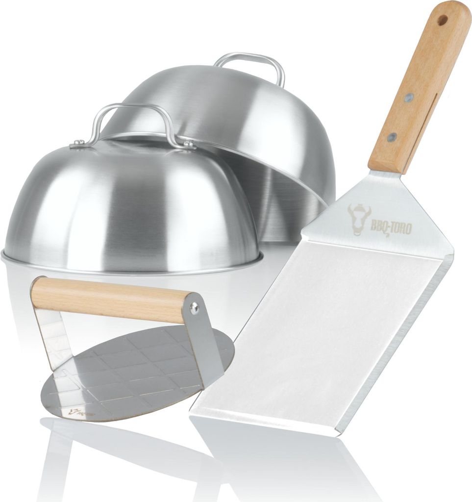 A set of BBQ tools including burger domes, a burger smasher, and a spatula, arranged on a white background.