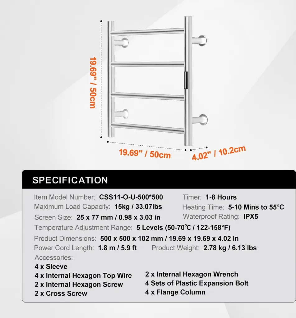 Chauffe-serviettes IPX5 Étanche avec Écran LED et Programmation 4 Bars