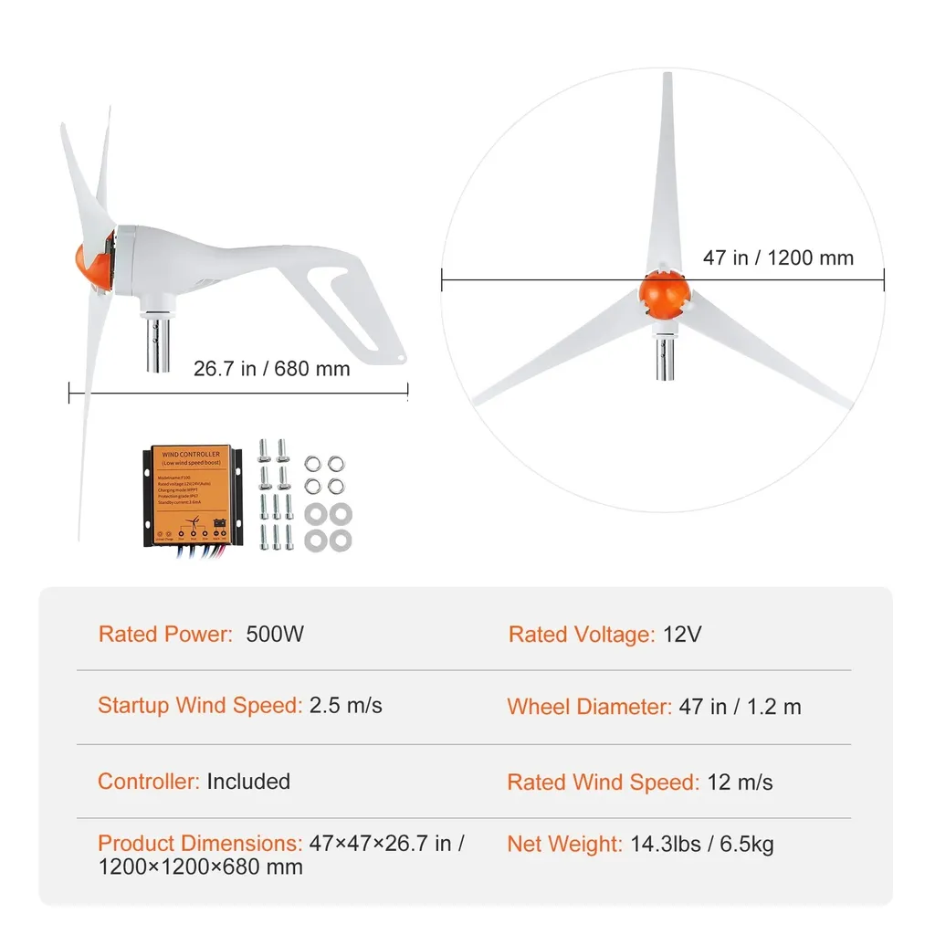 Éolienne 500W 12V pour camping-car et bateau, turbine 3 pales robuste