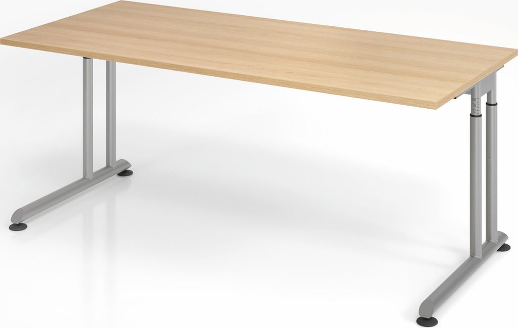 Schreibtisch Nilo | Eiche | Silber Gestell | BxT 180x80cm | Arbeitshöhe 68-82cm | höhenjustierbar, 1cm Raster | C-Fuß-Gestell | Rechteckform