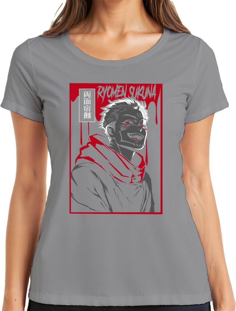 Ryomen Sukuna Jujutsu Kaisen Dämon Rot Anime Ästhetik Geschenk Damen T-Shirt, Grau, M