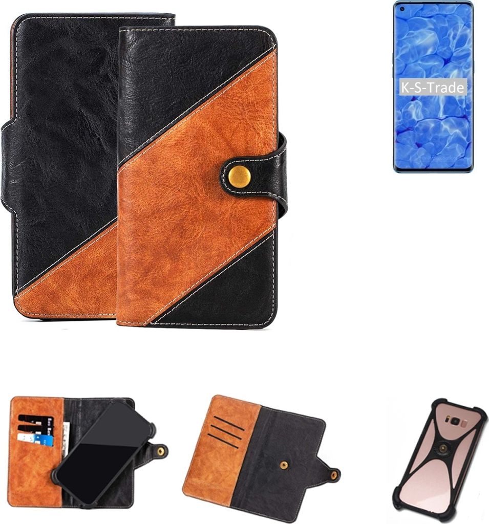 K-S-Trade Handyhülle Schutzhülle Bookstyle Case Wallet-Case kompatibel mit Oppo Reno6 Pro+ 5G Handy Cover Bumper Klapphülle schwarz hellbraun 1x