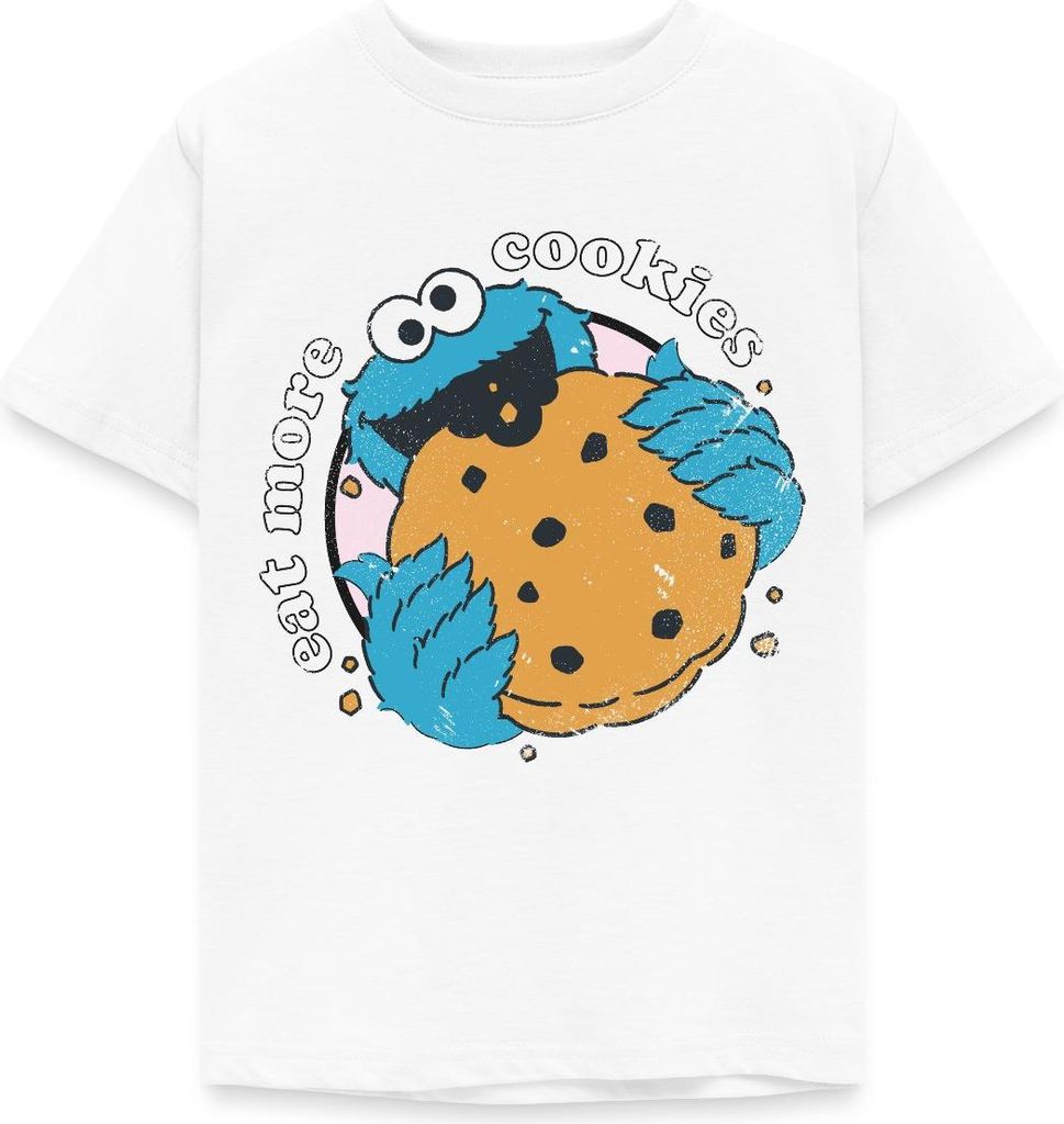 Spreadshirt Sesamstraße Krümelmonster Eat More Cookies Kinder T-Shirt, 98/104 (3-4 Jahre), Weiß