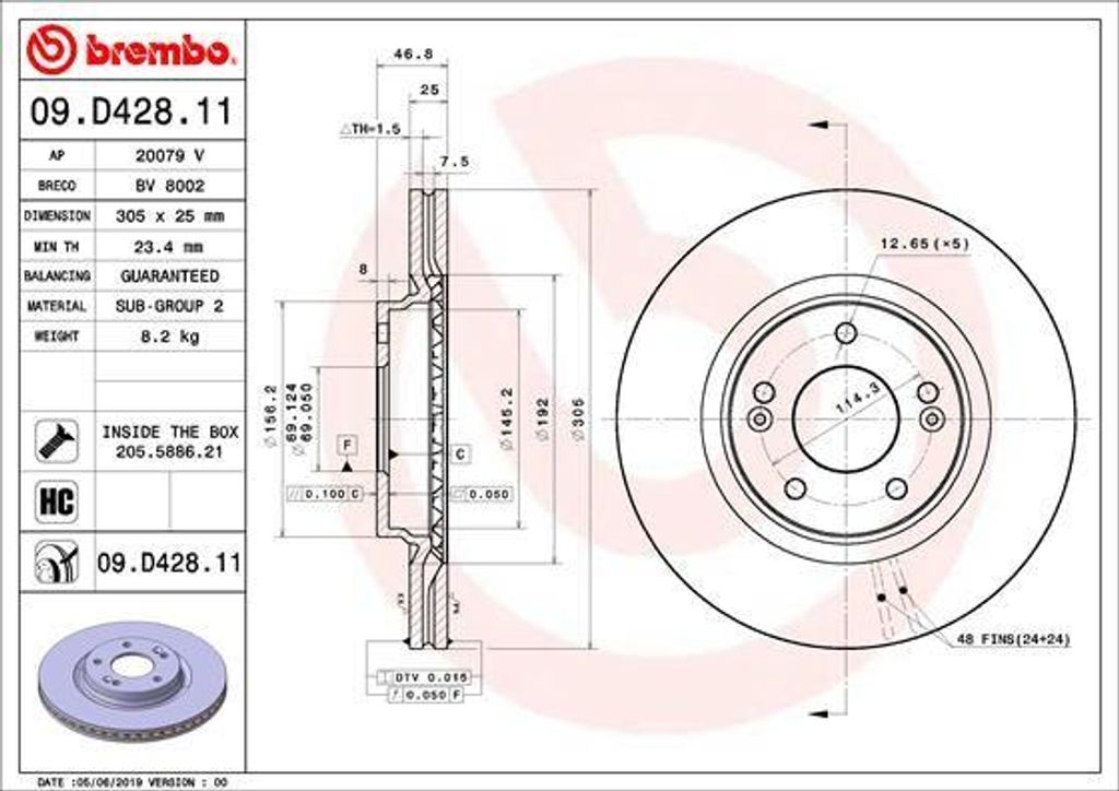 BREMBO 09.D428.11 Bremsscheibe OE 51712C1000 kompatibel mit Xceed, Sportage, Soul, Seltos, Proceed, Optima, Niro, Cerato, Ceed, Tucson, Kona, i30