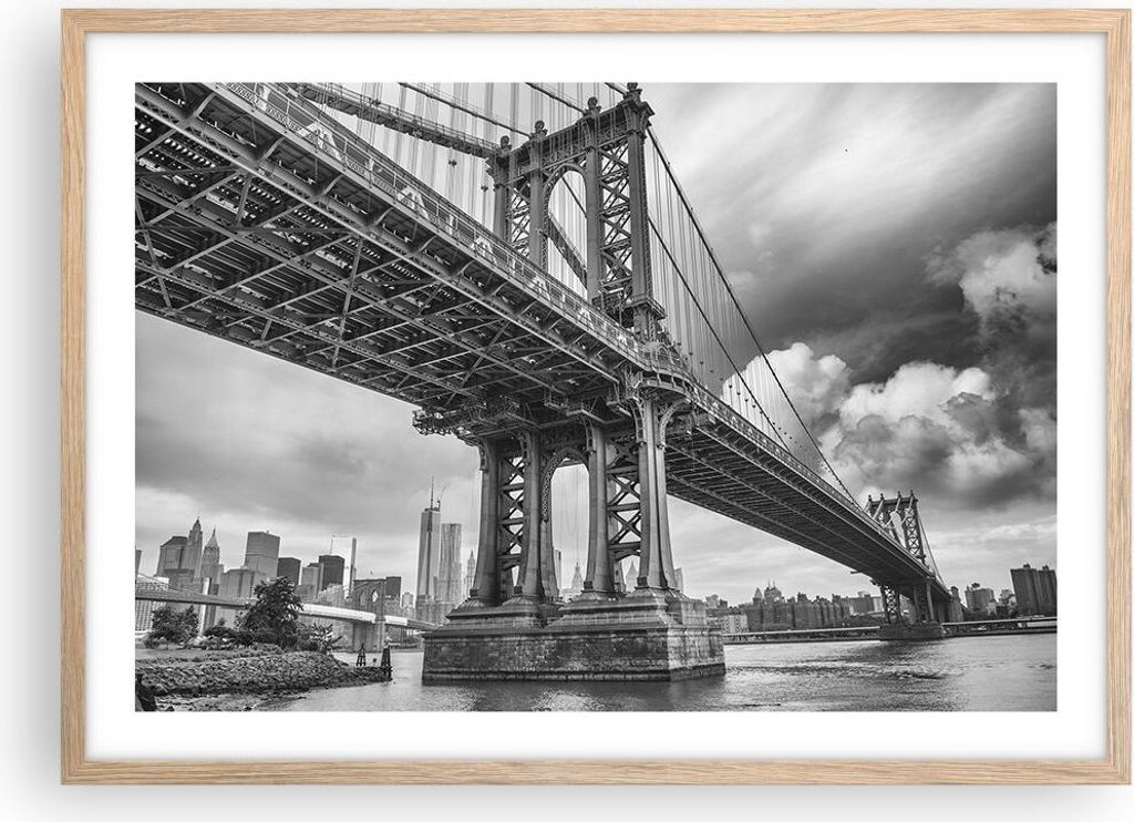 Gerahmtes Poster - Rahmen in heller Eiche - Manhattan Brücke Schwarzweiß - 70x50 cm - Wand Bild - Wanddeko - Wandbilder - Wandposter - Bilderrahm...