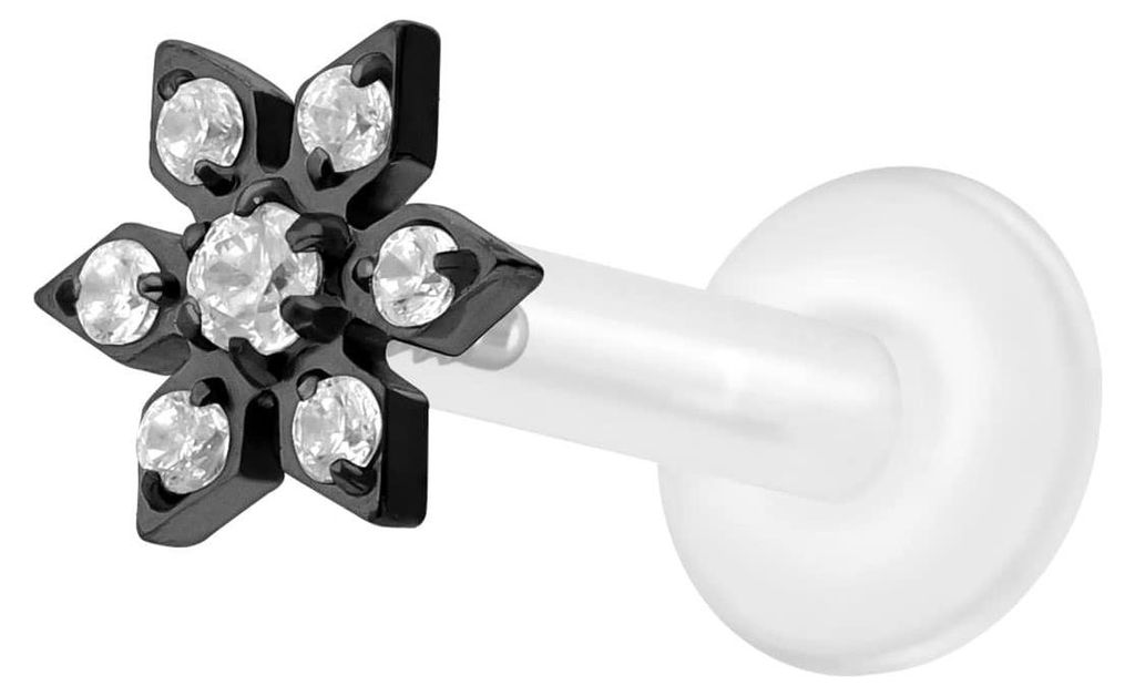 Ohrpiercing, Nasenpiercing PTFE Labret mit Innengewinde + Titan-Aufsatz KRISTALLBLUME Schwarz Stablänge: 10mm | Stabstärke: 1,6mm