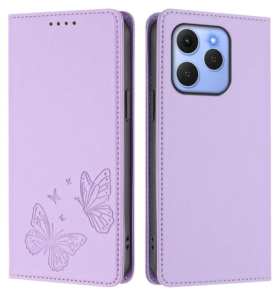 Lederhülle für Tecno Spark 50, Schmetterling Prägung Leder Brieftasche Schutzhülle mit Ständer Violett