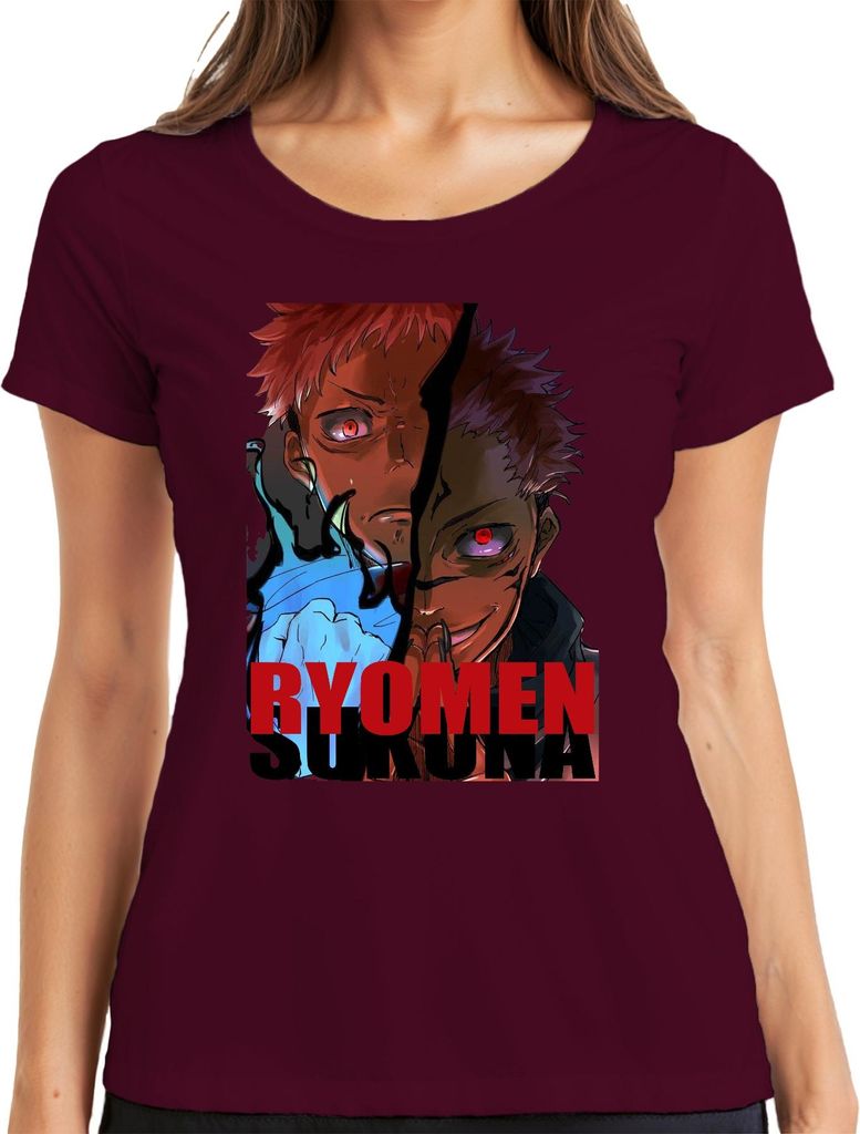 Ryomen Sukuna JujutsuKaisen Dämon rote Augen Anime gruselig Fan Damen T-Shirt, Burgundy, 3XL