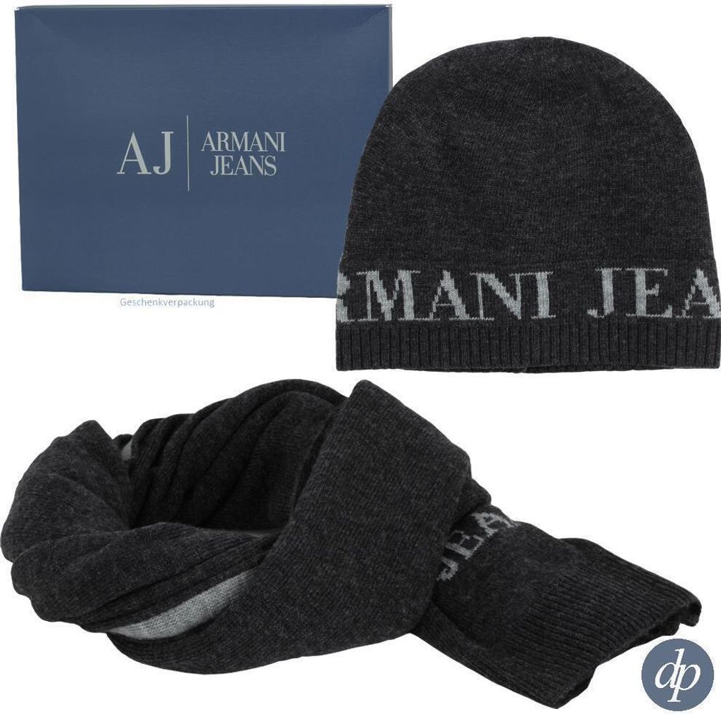 ARMANI JEANS AJ NEU HERREN Mütze mit Schal blau rot grau men scarf Halstuch Tuch Hut Anthrazit/Hellgrau M (56-57)