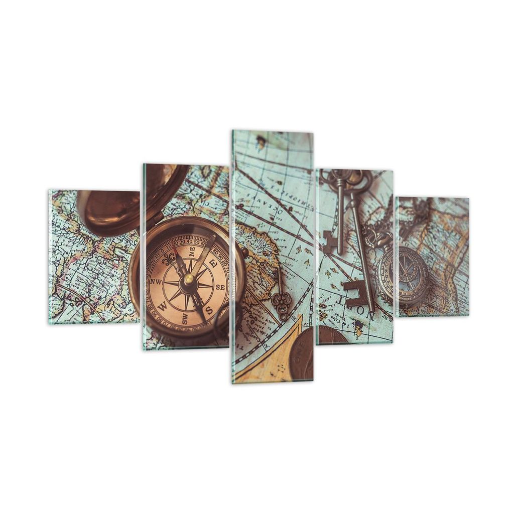 Bilder auf glas - 5 Teile - Kompass Vintage Karte - 125x70cm - Glasbilder - Wandbilder - Bilder - zum Aufhängen bereit - Wanddekoration aus Glas -...