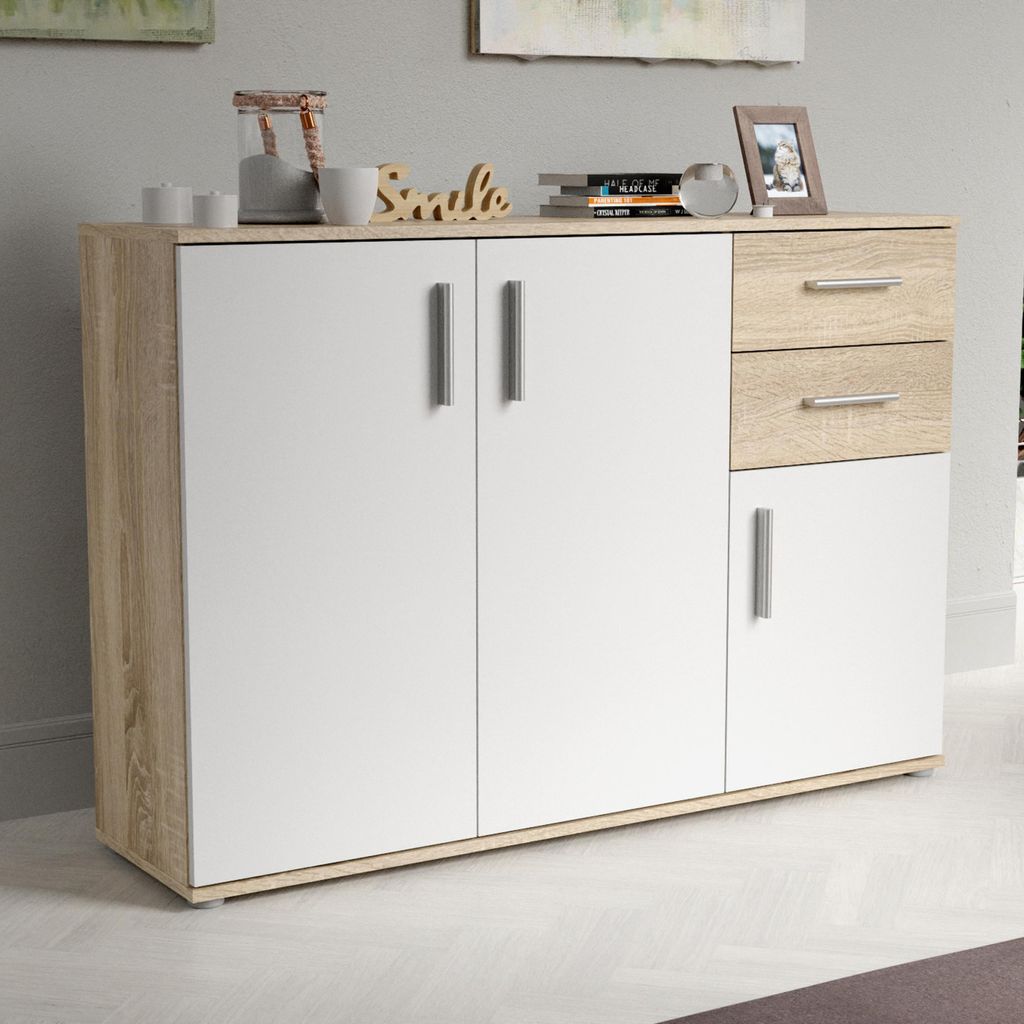 Forte IKOLI Kommode 120, moderne Kommode, 3-türig, 2 Schubladen, Wohn-/Schlafzimmer, Flur, Holzwerkstoff, Weiß mit Sonoma Eiche Holzdekor, 119,6 ...