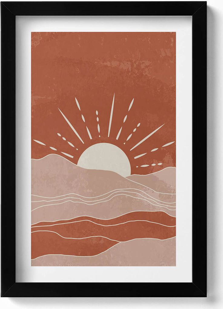 Illustration der aufgehenden Sonne– Wandbild mit Rahmen – Gerahmtes Bild – Wanddekoration – 20x30 cm – Schwarz