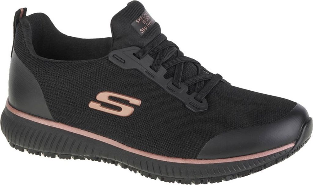 A single black Skechers shoe with rose gold accents is shown against a white background.