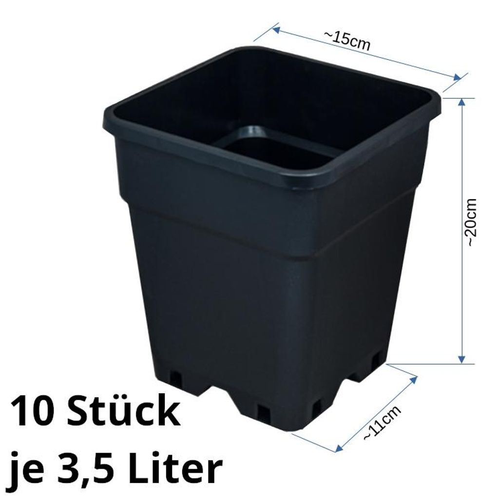 10x Quadratische Pflanzentöpfe 3,5L 15x15x20cm für Grow Indoor-/Outdoor-Anbau von Pflanzen, Blümen, Gemüse