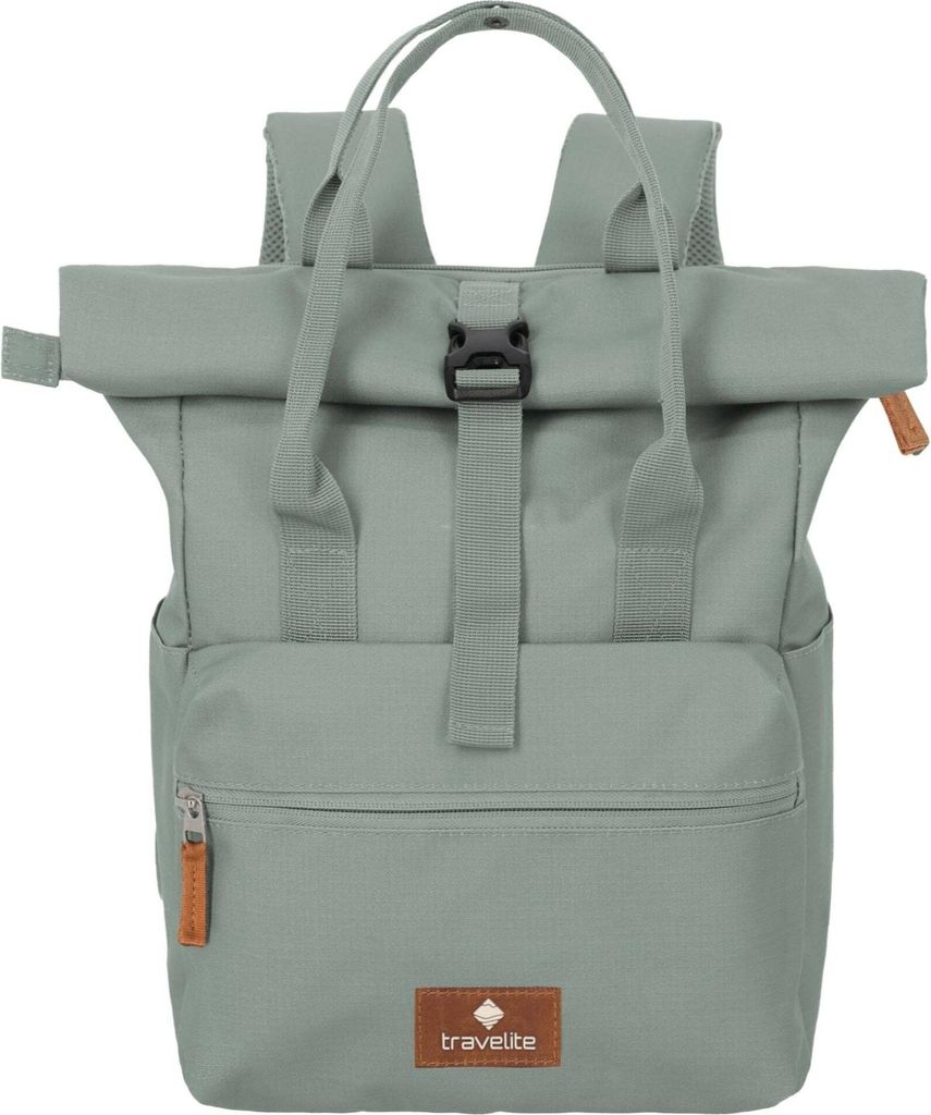 A front view of a green backpack.