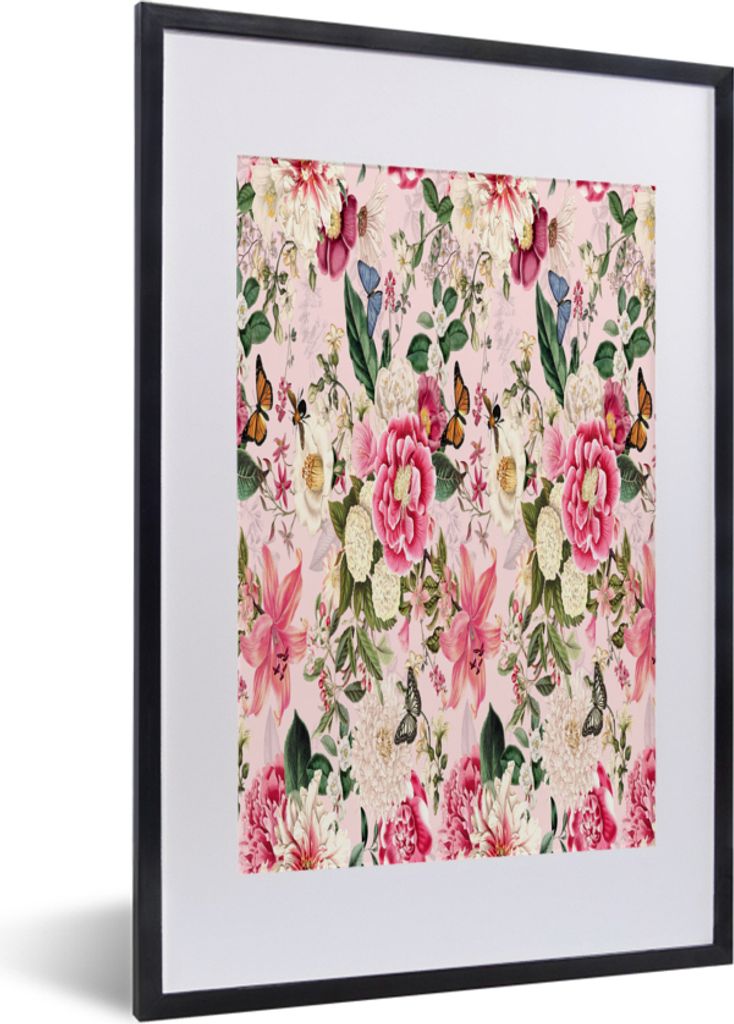 MuchoWow MuchoWow Gerahmtes Poster Blumen - Lilie - Insekten - Muster 40x60 cm - Poster mit zchwarzem Bilderrahmen - Poster in Rahmen