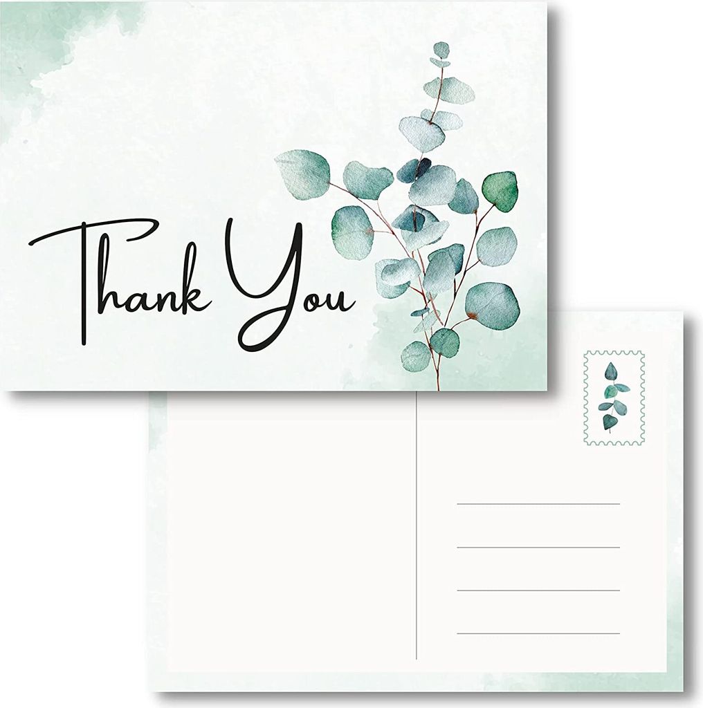 MAVANTO 20x Dankeskarten Hochzeit Eukalyptus - DIN A6 Postkarten Set als Danksagungskarten für feierliche Anlässe (Thank you)