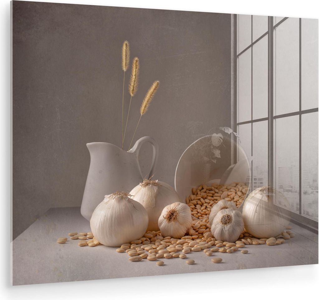 MuchoWow Glasbilder - Bilder auf Wandbild - Foto auf Glas Zwiebeln - Stilleben - Weiß - Beige 80x60 cm Wanddekoration aus Glas - Acrylglasbild - A...