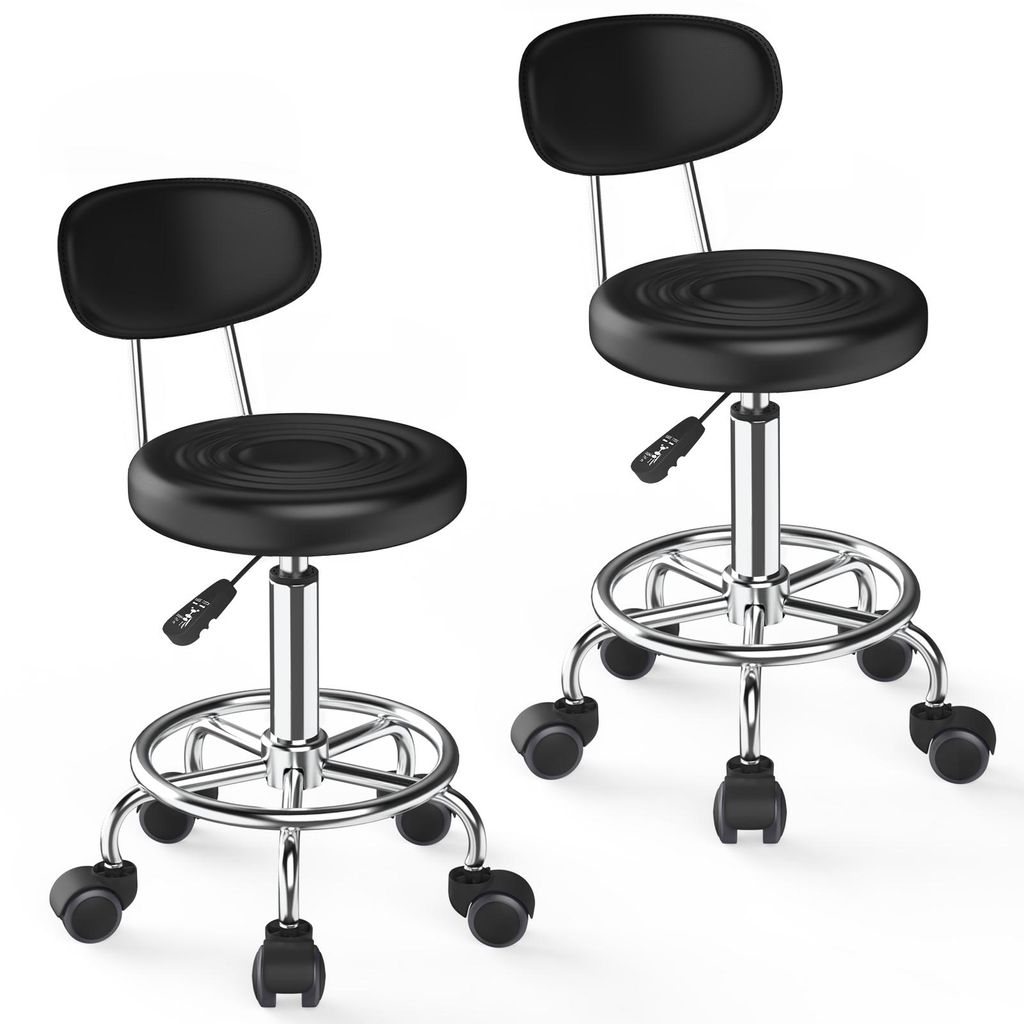 2-er Set Drehhocker Mit Rückenlehne Rollhocker höhenverstellbar Kosmetikhocker Rollen Arbeitshocker Drehstuhl Praxishocker Schwarz