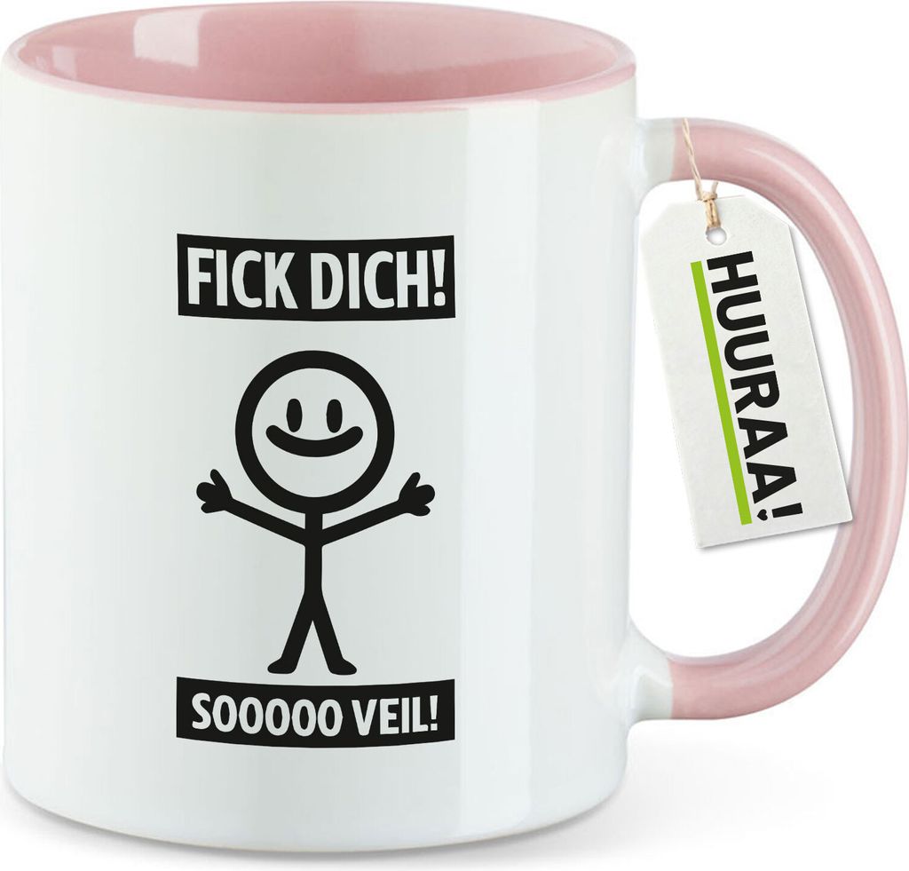 Huuraa Kaffeetasse F*ck dick so viel Strichmännchen 330ml Rosa Keramik Kaffeebecher Geschenkidee
