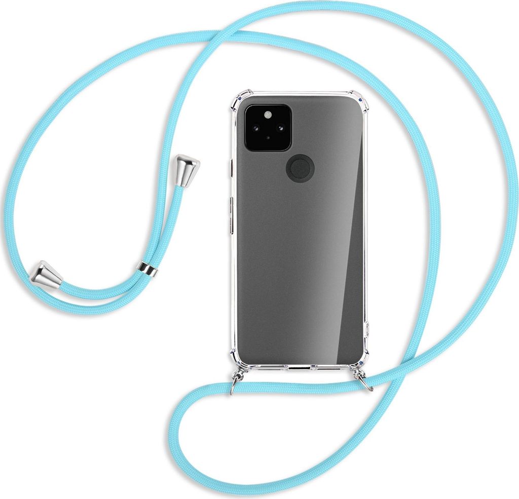 Handykette Backcover-Schutzhülle mit Band (Metall silberfarben) für Google Pixel 5a 5G - himmelblau