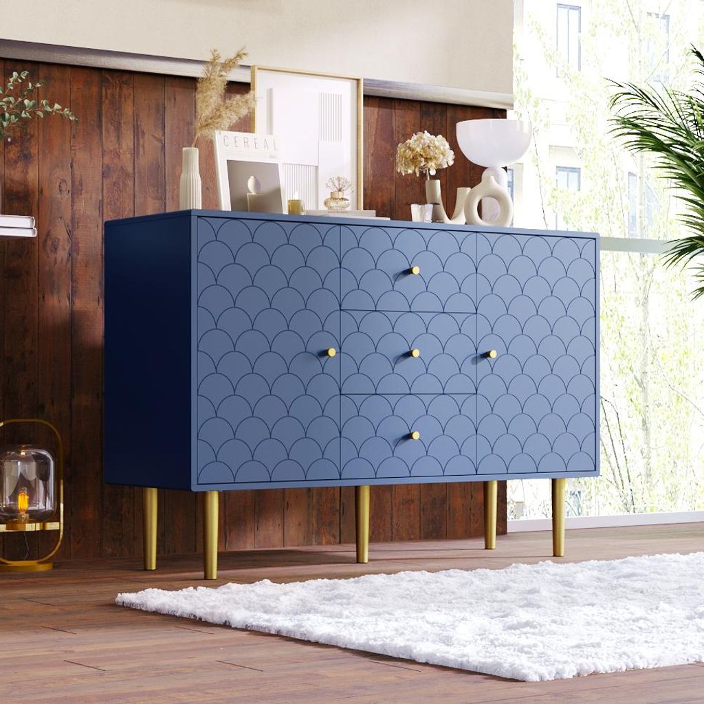 Marineblaues Sideboard mit 2 Türen und 3 Schubladen, ideal für Wohn- und Schlafzimmer, inkl. verstellbarer Ablage, H83/B120/T40 cm
