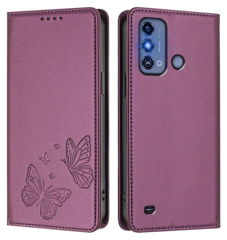 Lederhülle für ZTE Blade A53 Pro, Schmetterling Prägung Leder Brieftasche Schutzhülle mit Ständer Lila