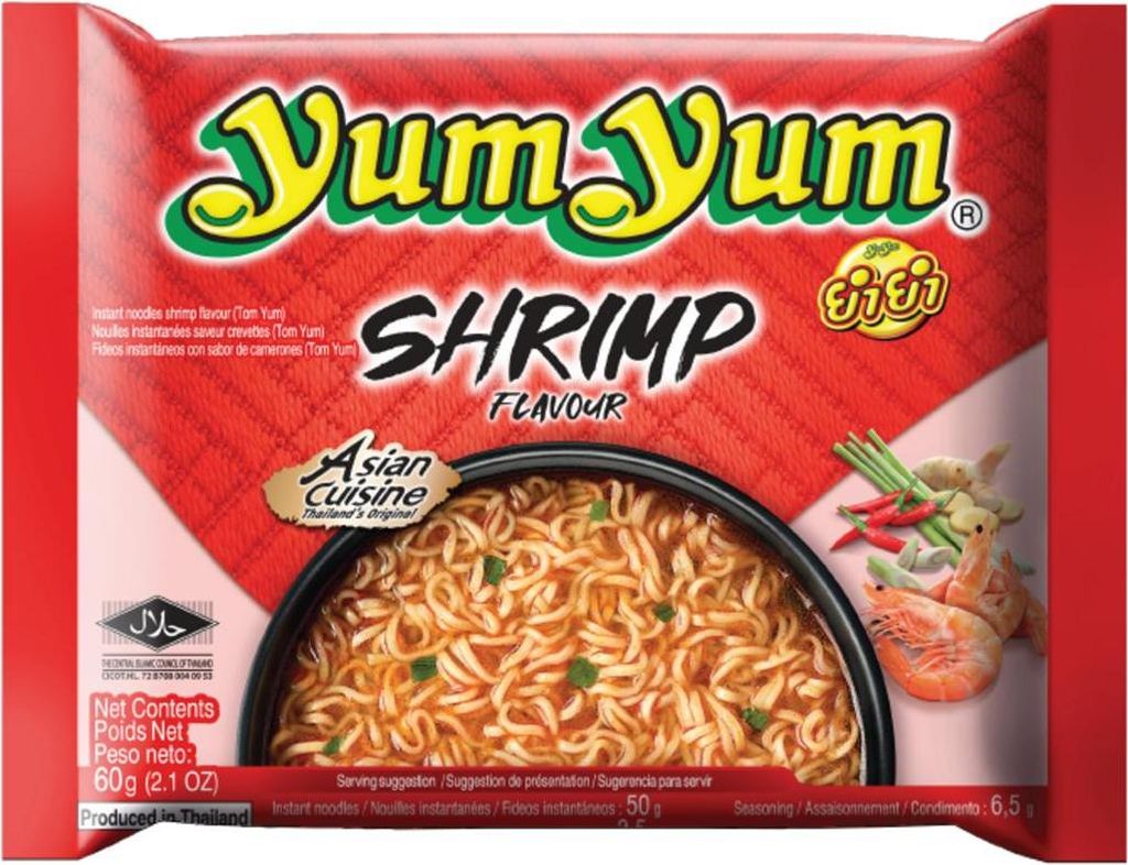 A package of Yum Yum instant noodles with shrimp flavor.