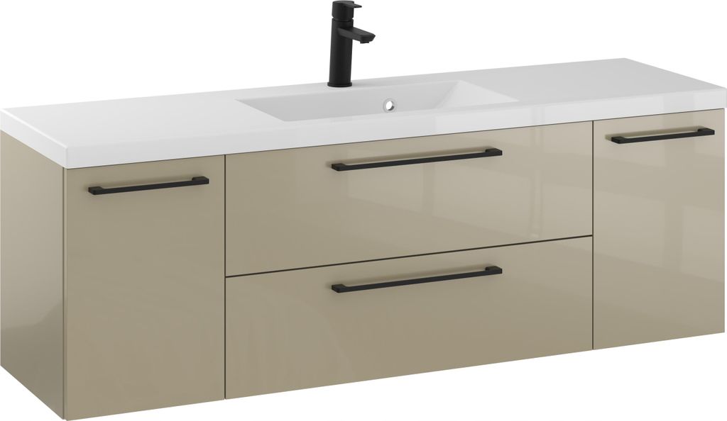 Rosen 140.2 cm Badezimmerschrank in Cappuccino Hochglanz mit Waschbecken und Schwarzen matten Griffen - Zeitloses Design
