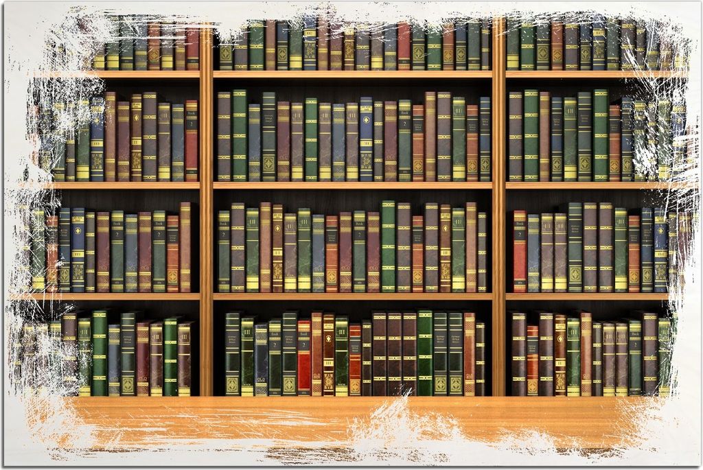 Kunstdrucke Wandbilder Holz in : Brillante Farben, Größe 60 x 90 cm Motiv Bibliothek - Regal voller alter Bücher