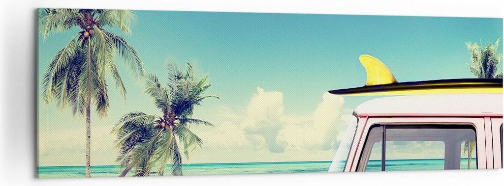 Bild auf Leinwand - Leinwandbild - Auto Surfbrett Strand Ozean - 160x50cm - Wand Bild - Wanddeko - Leinwanddruck - Bilder - Kunstdruck - Wanddekora...
