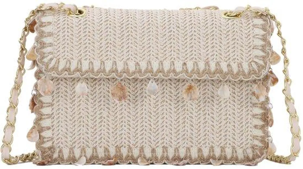 Petit sac de voyage à nœud tissé et chaînette dorée motif coquillage
