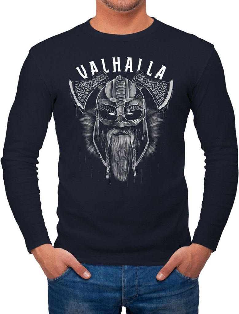 Herren Long-Sleeve Valhalla Wikinger Helm Viking Odin Krieger Printshirt Langarm-Shirt Neverless navy L