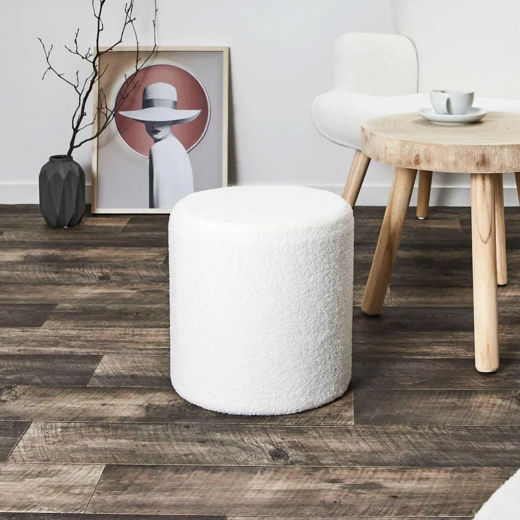 HowHomely Pouf en tissu bouclé blanc 35 cm rond - Assise d'appoint chic