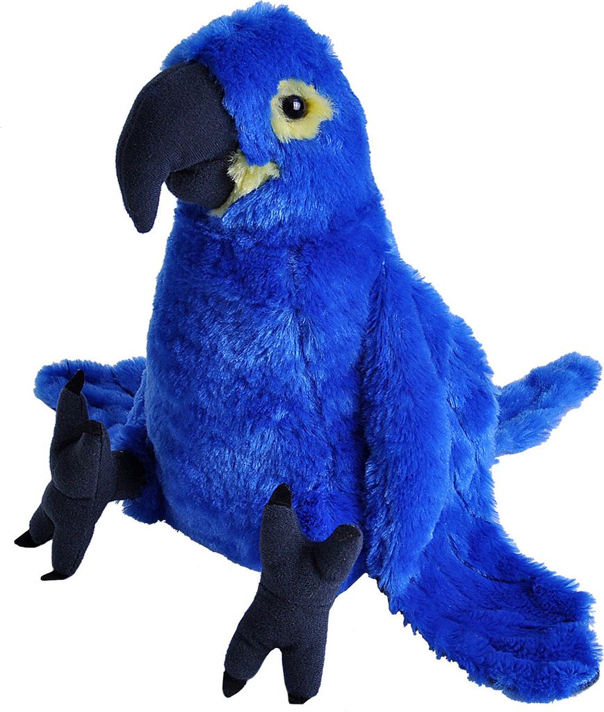 A plush toy hyacinth macaw is shown against a white background.