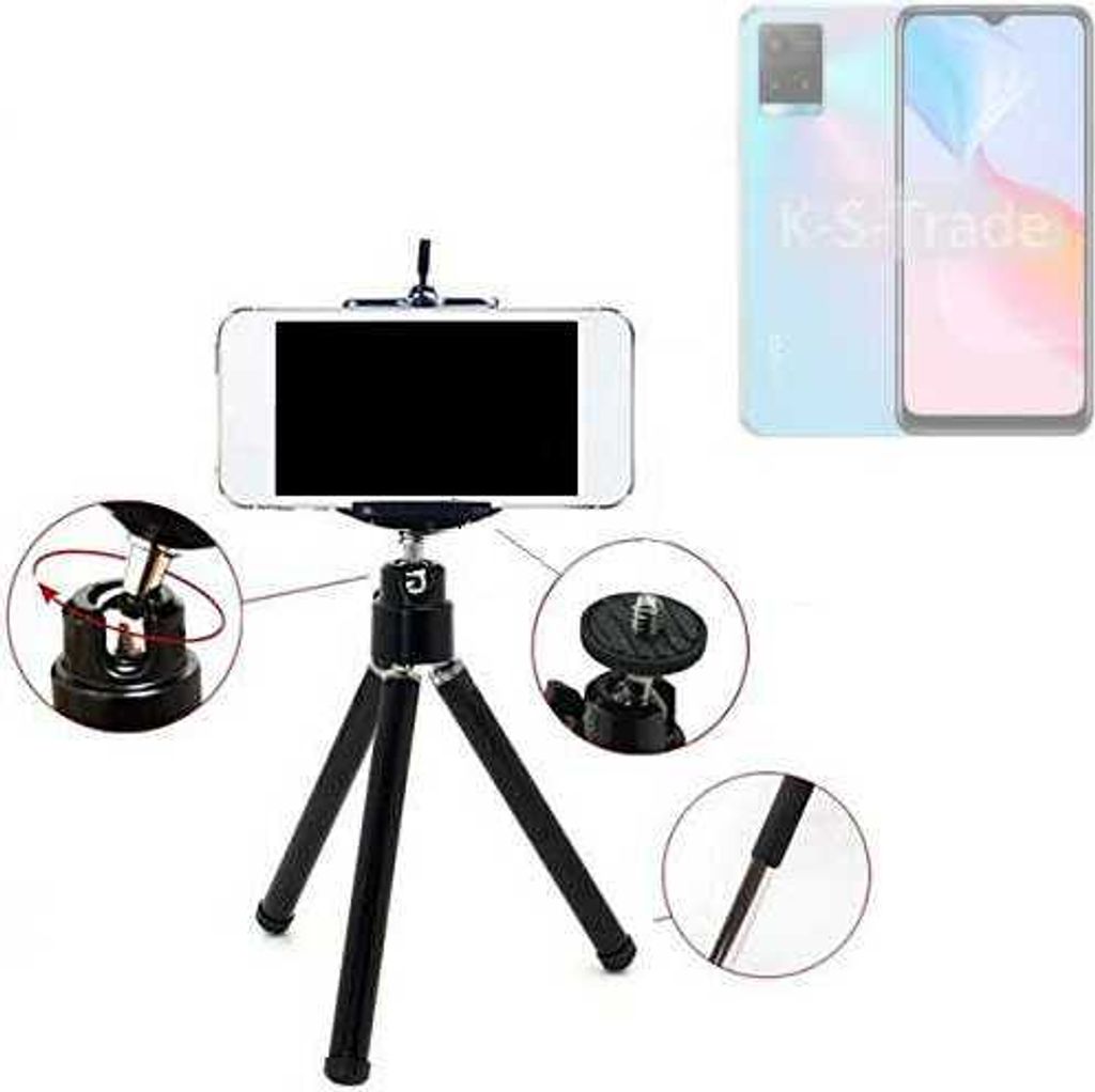 K-S-Trade Smartphone Stativ Dreibein kompatibel mit Vivo Y21s Tripod aus Aluminium Klemmstativ Stativ Adapter für Mobiltelefone schwarz 1x