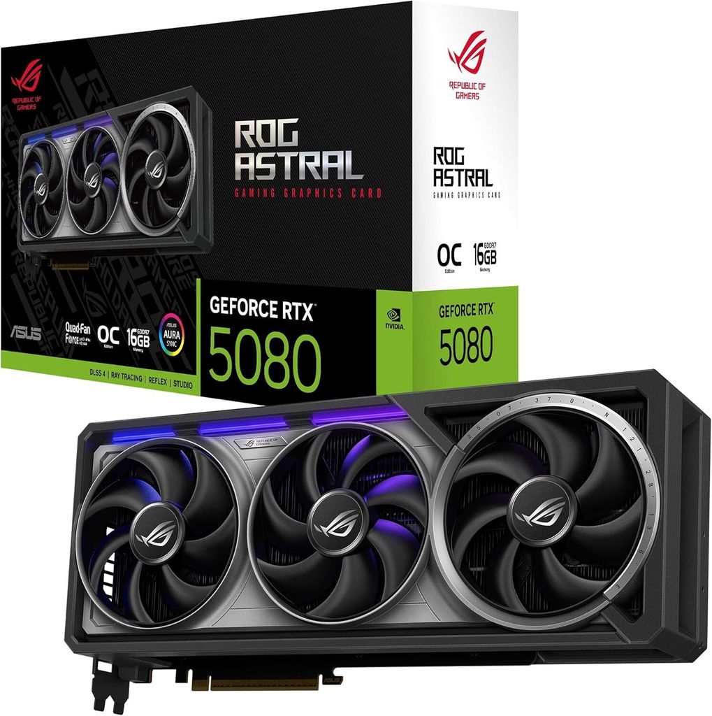 ASUS ROG Astral GeForce RTX 5080 16GB GDDR7 OC Edition Gaming Grafikkarte (Nvidia GeForce RTX5080, Vier Lüfter, PCIe 5.0, 2X HDMI 2.1b, 3X Display...