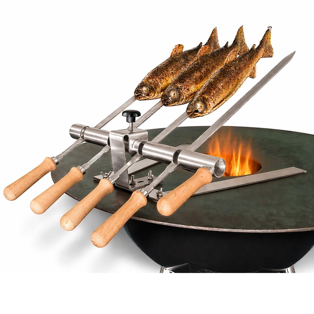 Steckerlfisch Halter mit Standfuß für Grillplatten und 4 Edelstahlspießen