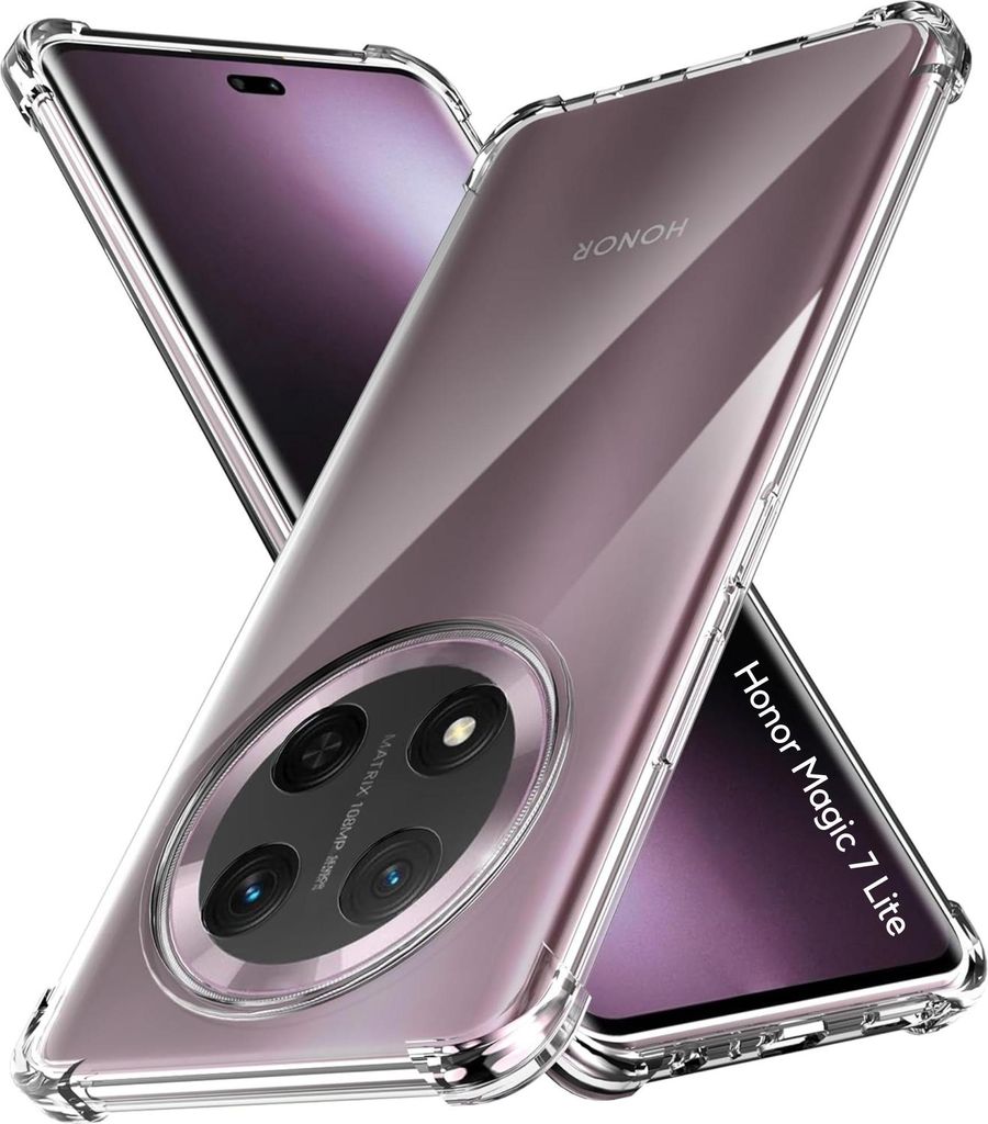 A clear protective case is shown on a smartphone, highlighting the phone's camera module and branding.