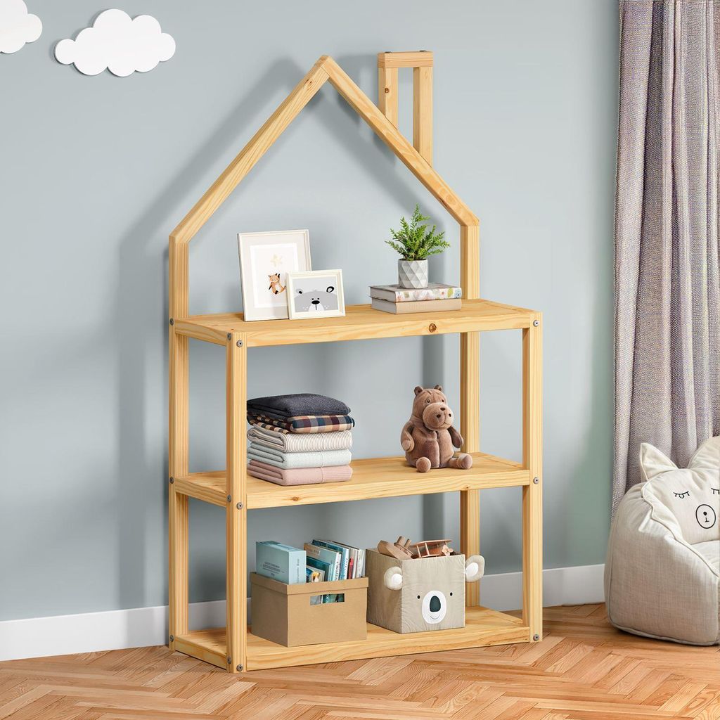 Kinderzimmer Regal LENISE in Hausform natur - Kinderregal, Bücherregal, massive Kiefer, 3 Ablagen mit viel Stauraum