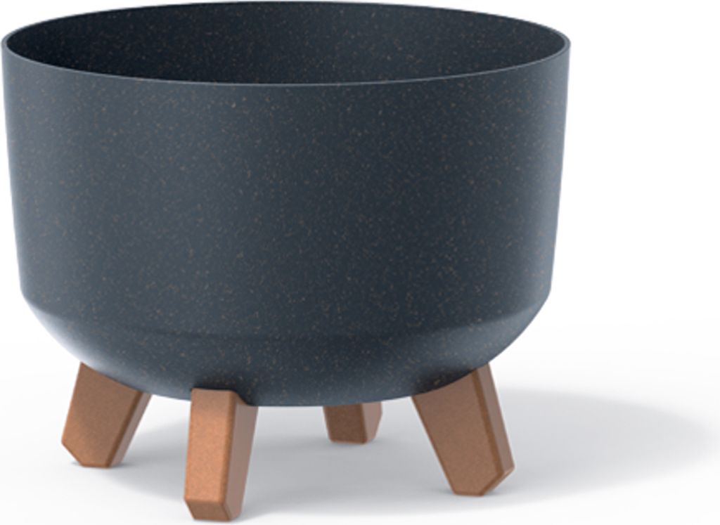 A dark gray planter with three brown legs on a white background.