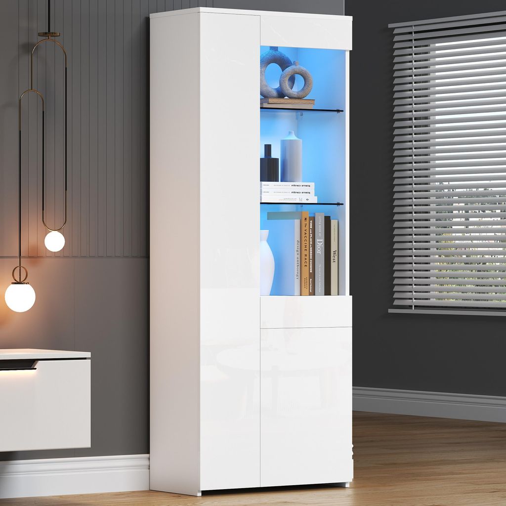 A tall, white, high-gloss display cabinet with glass shelves illuminated by blue LED lights.