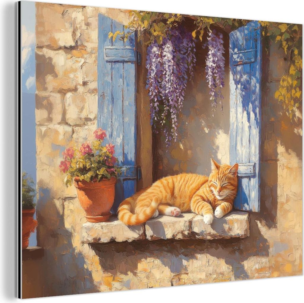 MuchoWow Wanddekoration Metall Metallbild Wandkunst 40x30 cm Katze - Fensterbank aus Stein - Blumen MuchoWow Aluminium Gemälde - Dekoration Wohnzi...