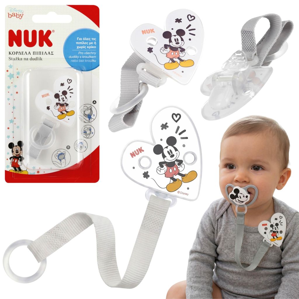 DISNEY Mickey Mouse graues Band für einen Beruhigungsschnuller, Befestigungsclip für Schnuller mit Clip NUK