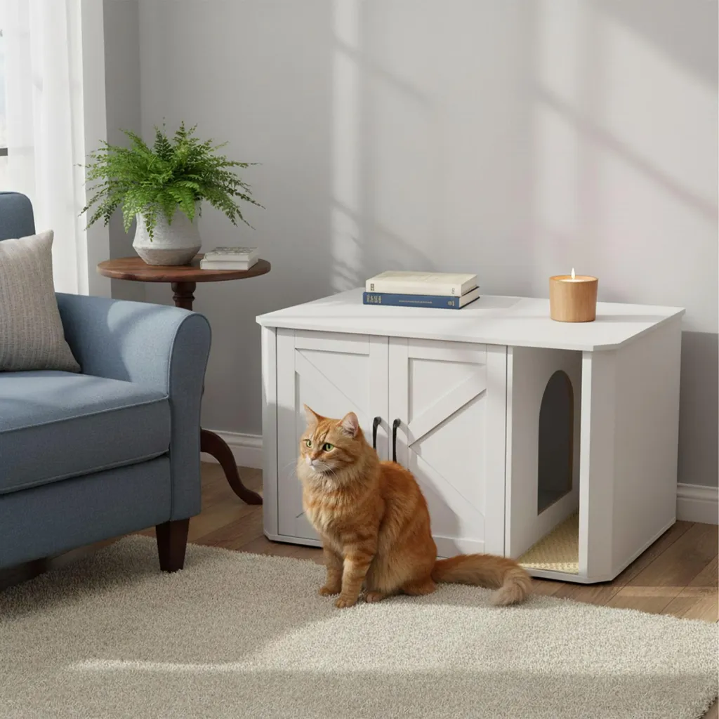Meuble litière chat multi-usage effet bois avec tapis anti-projections - 2