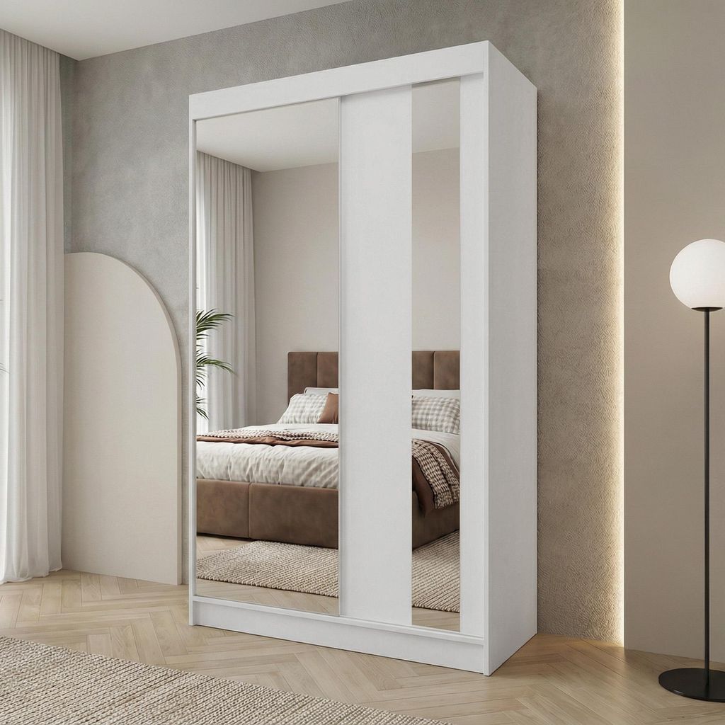 BEAUTYSOFA | Kleiderschrank GAJA II 120 cm Weiß, Schrank mit Spiegel und Schubladen – 2-türiger Schwebetürenschrank Schlafzimmerschrank