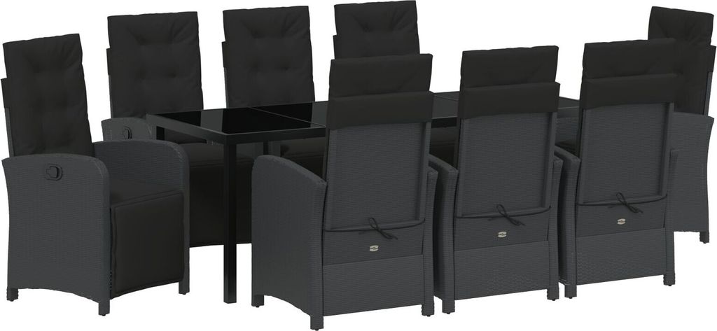 Möbel 9-teiliges Garten Essgruppe mit Kissen Schwarz Poly Rattan, Gartentisch Schwarz 200x80x73 cm Gehärtetes Glas - Gartenstühle 3380315
