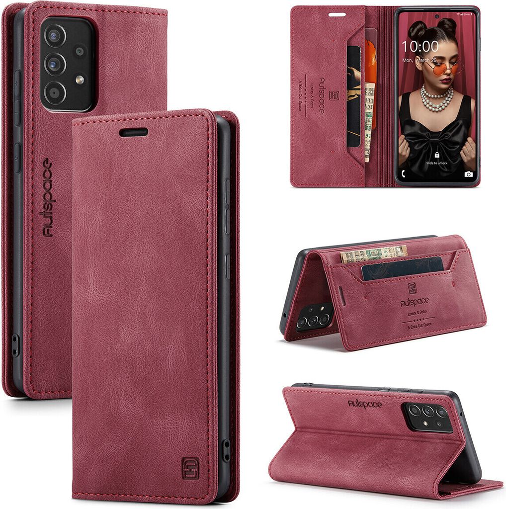 Samsung Galaxy A52 5G Brieftasche Hülle, Retro Kunstledertasche Stand Schutzhülle für Samsung Galaxy A52 5G Rot