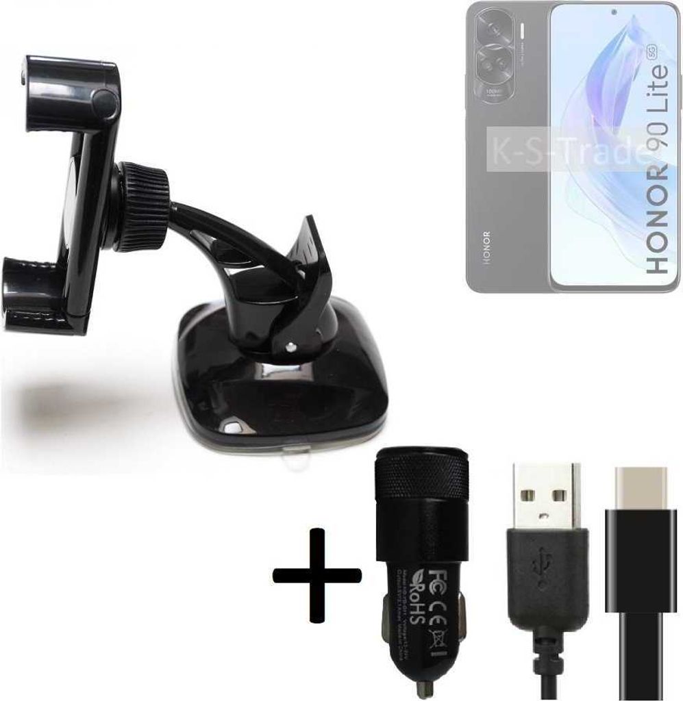 K-S-Trade Handy-Halterung kompatibel mit Honor 90 Lite Windschutzscheibe / Armaturenbrett + LADEGERÄT mit Mico USB Kabel Autohalterung